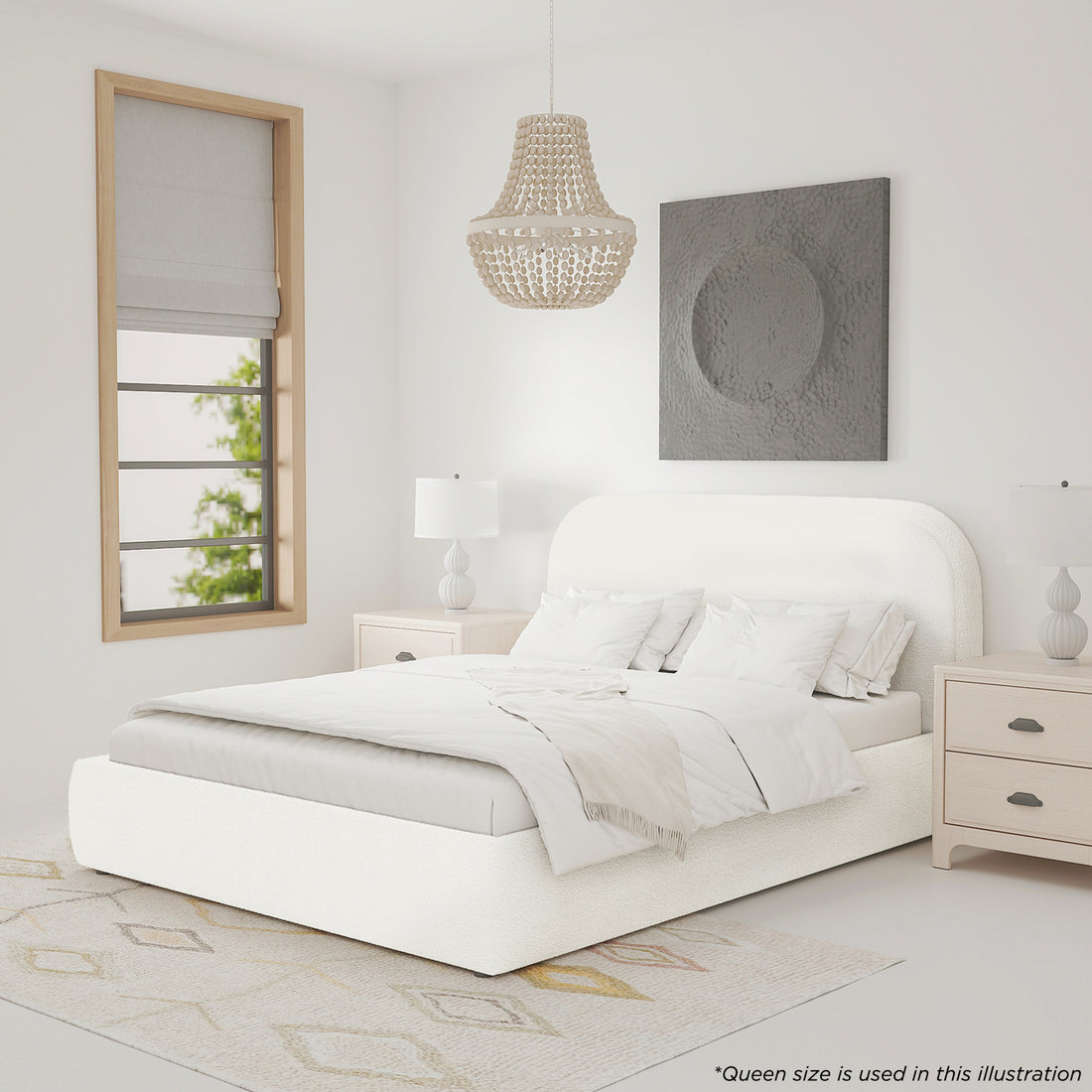 Calix Double Boucle Bed Frame in Cream White, showcased in a minimalist bedroom, features soft boucle fabric, a foam-padded headboard, and a low-profile design with light-gray linens and matching nightstands.