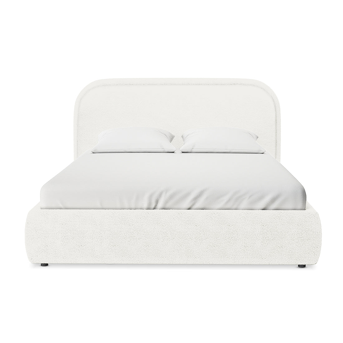 Calix Double Boucle Bed Frame in Cream White, features a minimalist design with a fully upholstered platform, low-profile footboard, rounded headboard, taut fitted sheet, and two matching pillows for a sleek look.
