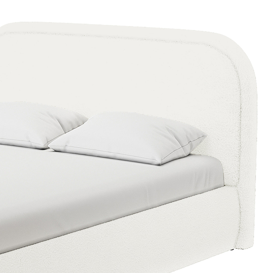 Calix Double Boucle Bed Frame in Cream White, featuring an off-white upholstered low platform base, curved headboard, and matching pillows, exuding minimalist elegance and comfort in a modern bedroom setting.