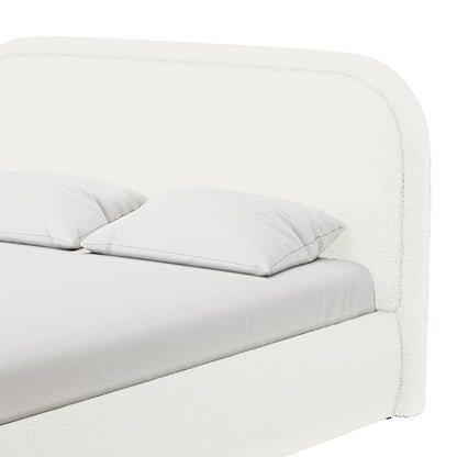 Calix Double Boucle Bed Frame in Cream White, featuring an off-white upholstered low platform base, curved headboard, and matching pillows, exuding minimalist elegance and comfort in a modern bedroom setting.