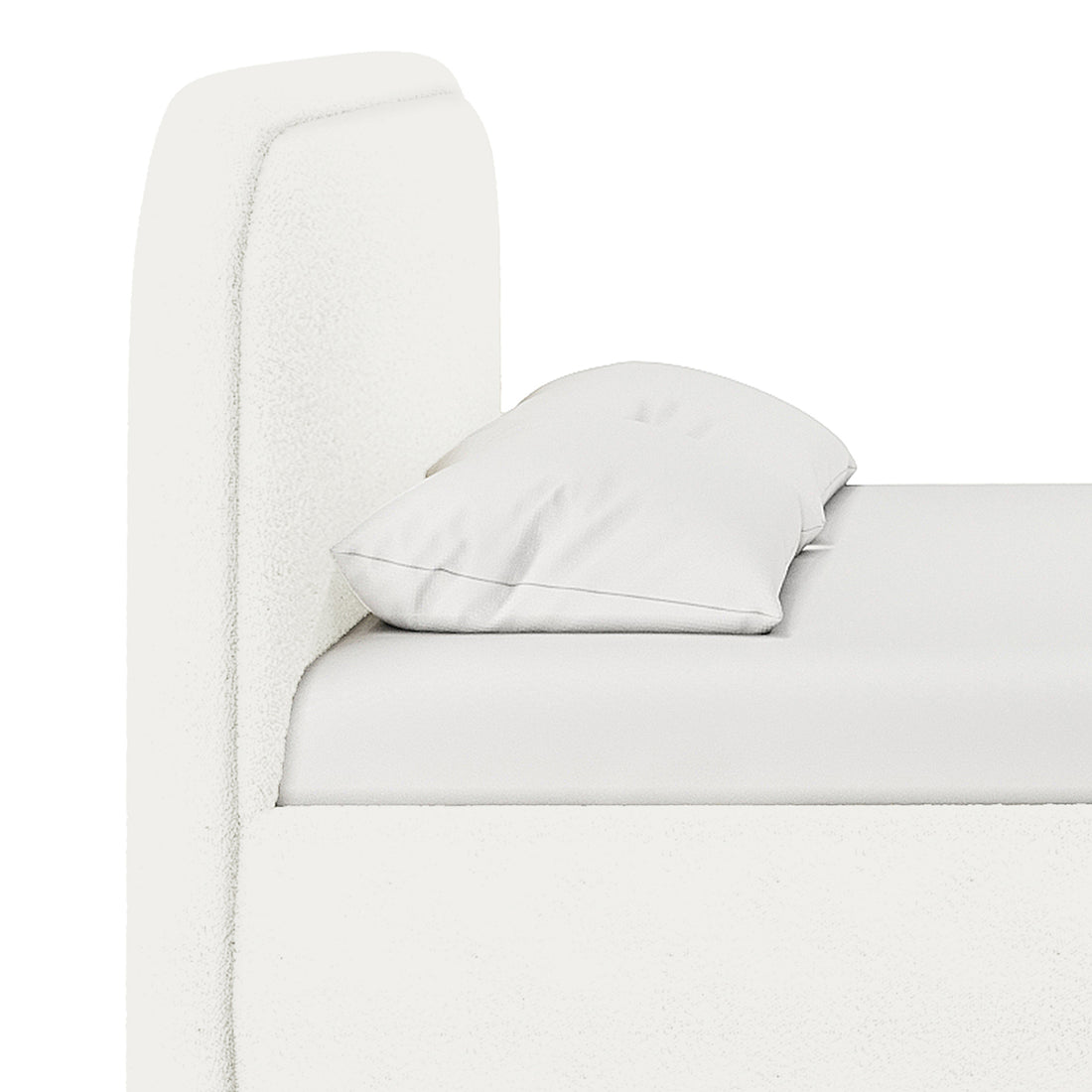Side view of the Calix Double Boucle Bed Frame in Cream White, featuring a soft, foam-padded headboard, mattress, and pillow, highlighting the bed's minimalist design and elegant boucle texture.