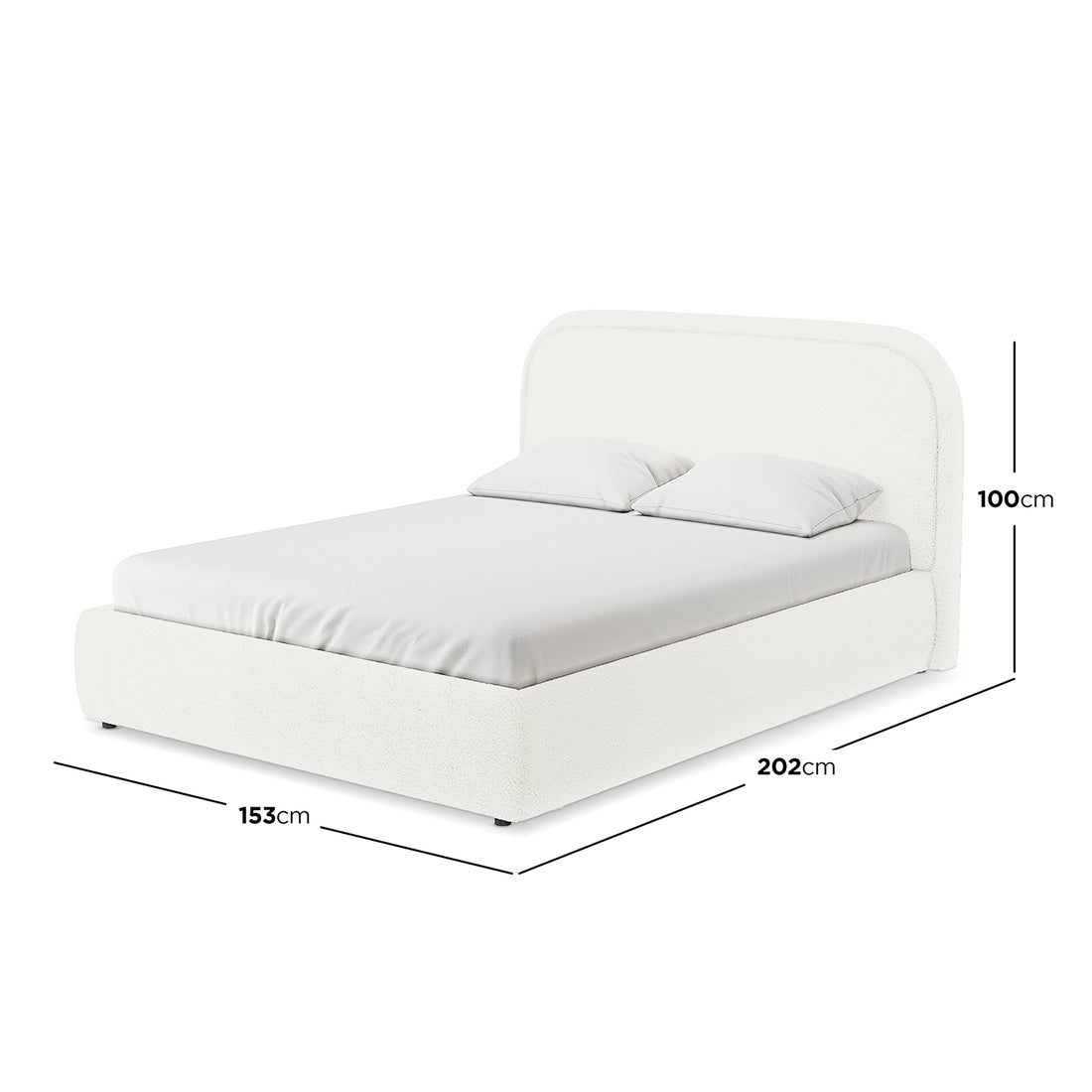 The Calix Double Boucle Bed Frame in Cream White features a softly curved headboard and upholstered design, with dimension lines indicating a width of 153 cm and height of 100 cm.