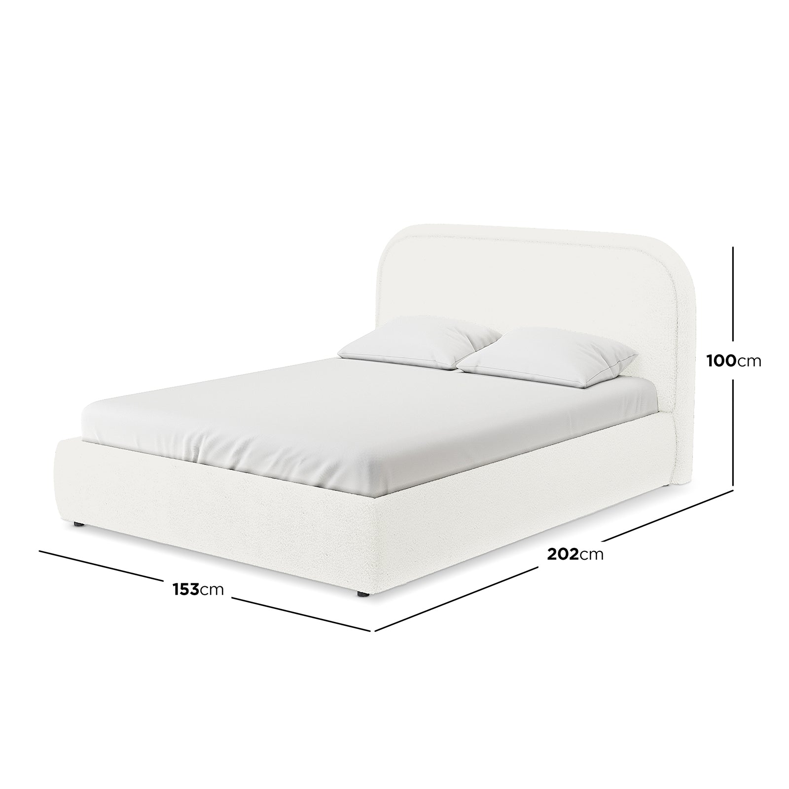 The Calix Double Boucle Bed Frame in Cream White features a softly curved headboard and upholstered design, with dimension lines indicating a width of 153 cm and height of 100 cm.