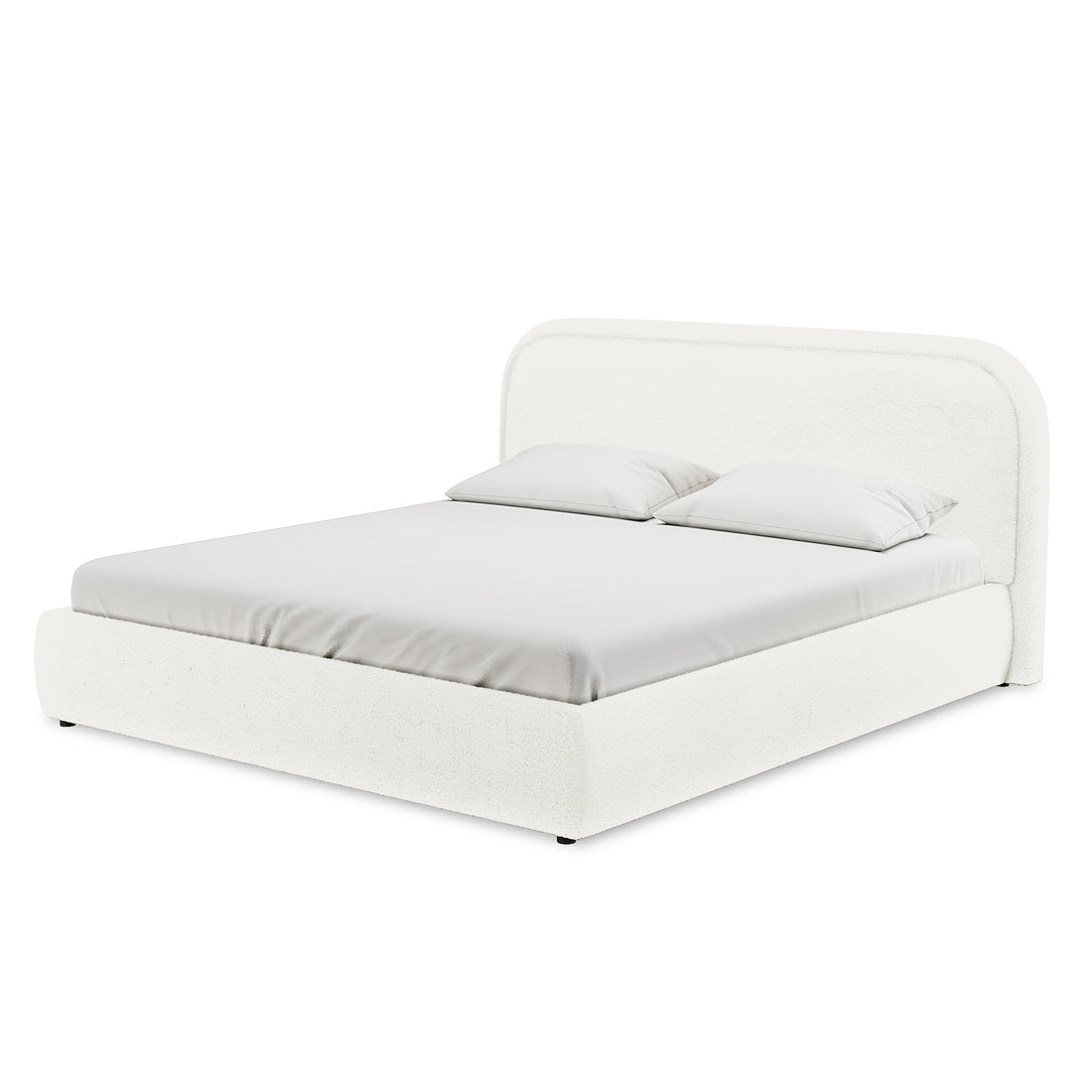 Calix King Boucle Bed Frame in Cream White with a low-profile design, upholstered in soft boucle fabric, features a gently rounded, foam-padded headboard for comfort, complete with fitted sheet and pillows.