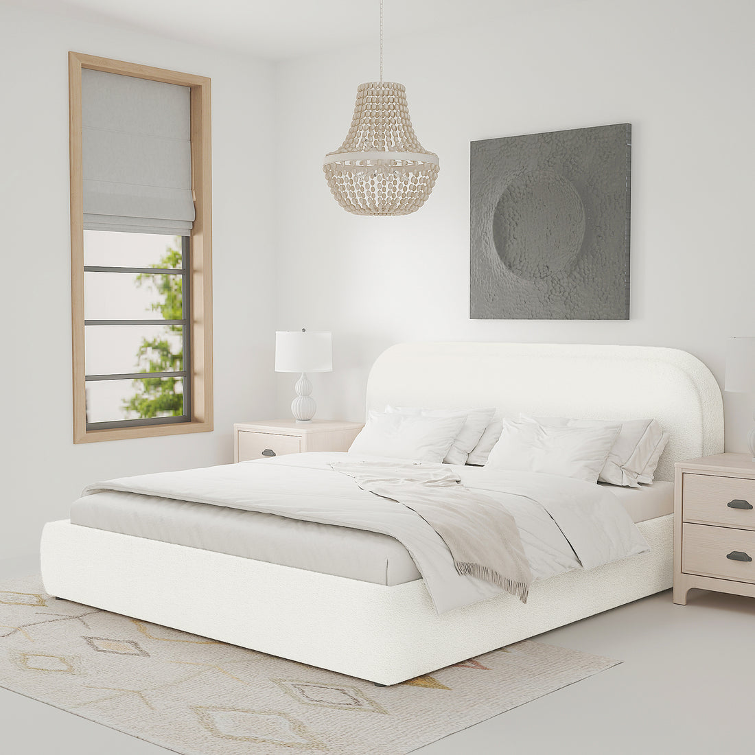 Calix King Boucle Bed Frame in Cream White, upholstered in soft boucle fabric with a rounded headboard, is showcased in a minimalist bedroom, complemented by neutral linens and a beige throw.