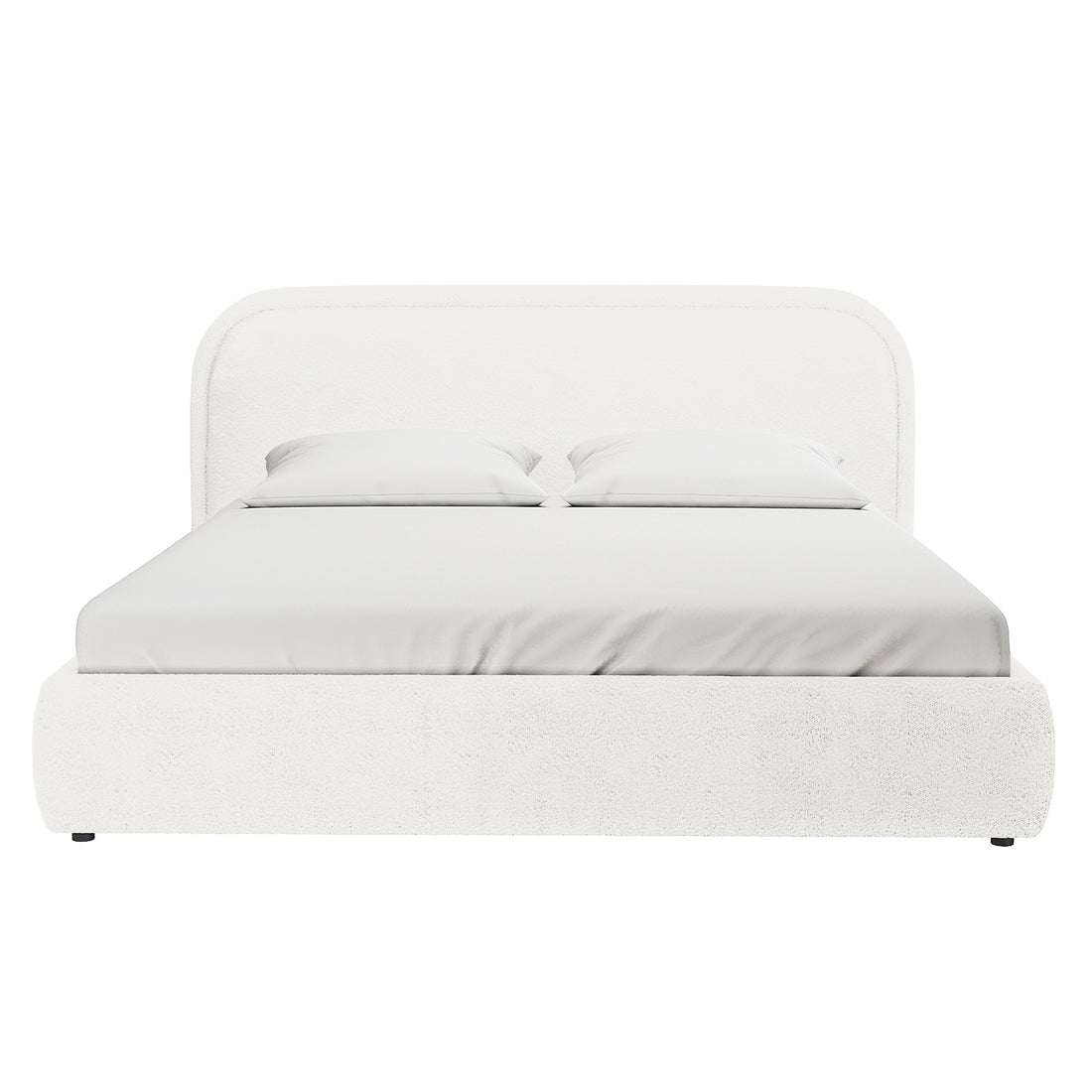 Calix King Boucle Bed Frame in Cream White, featuring a minimalist design with a rounded headboard, low platform base, and neatly made mattress with matching pillows, showcasing luxury and sophistication.