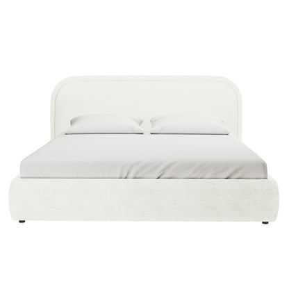Calix King Boucle Bed Frame in Cream White, featuring a minimalist design with a rounded headboard, low platform base, and neatly made mattress with matching pillows, showcasing luxury and sophistication.