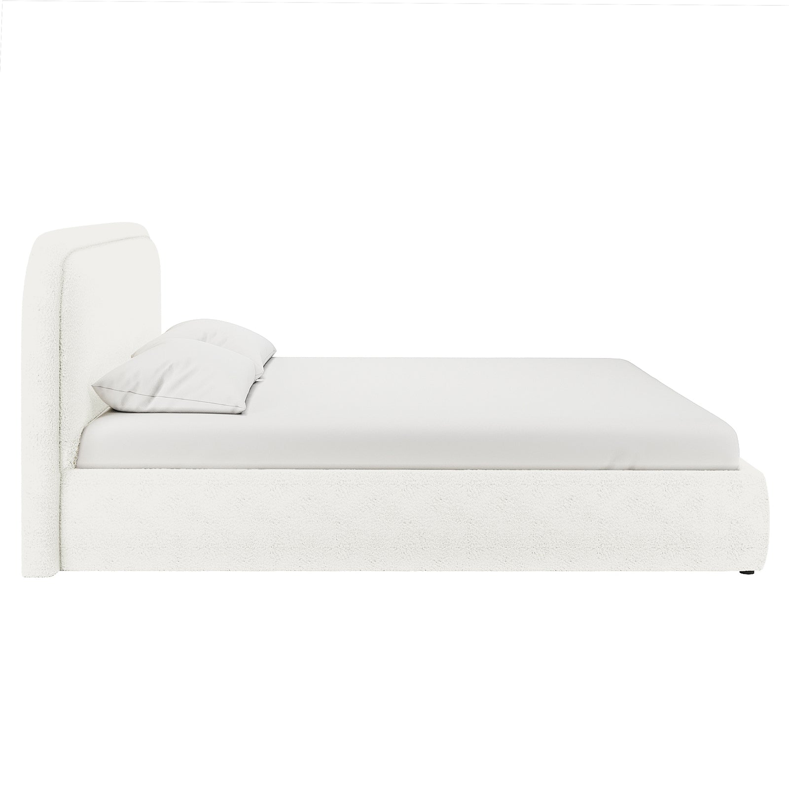 Calix King Boucle Bed Frame in Cream White features a low-profile design with an upholstered headboard in soft bouclé fabric. Displayed with a fitted sheet and two pillows, exuding modern elegance.