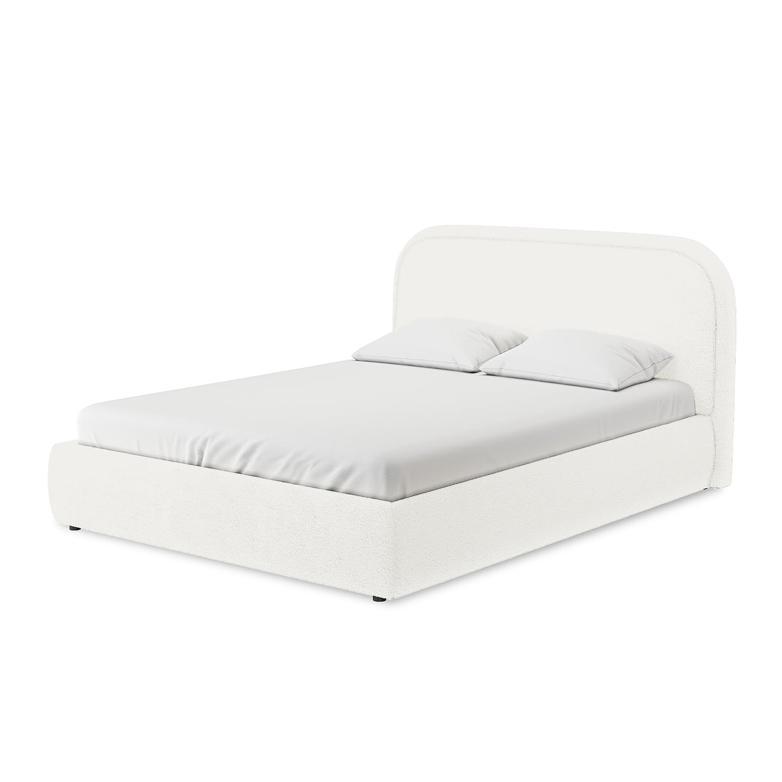 Calix Queen Boucle Bed Frame in Cream White, featuring a modern design with a softly rounded headboard, upholstered in cream-white boucle fabric, and a mattress with matching pillows on a sleek platform.