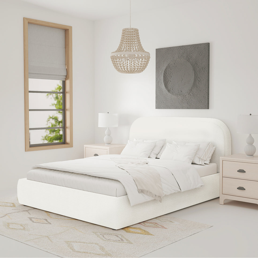 Calix Queen Boucle Bed Frame in Cream White with low-profile design, upholstered in boucle fabric, features a rounded headboard and sits on a subtly patterned area rug with matching nightstands.
