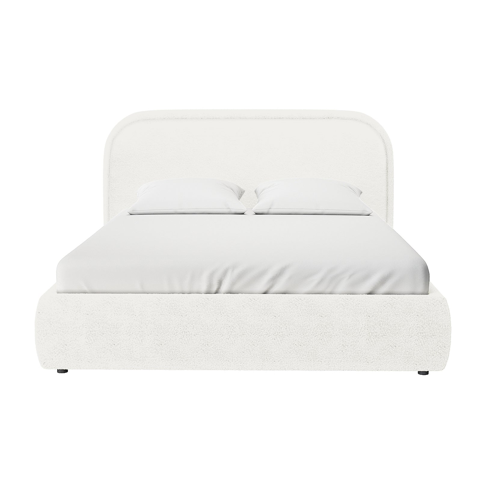 Calix Queen Boucle Bed Frame in Cream White features a low-profile design with a rounded rectangular headboard and matching frame, upholstered in textured fabric, and fitted with crisp white bedding and pillows.