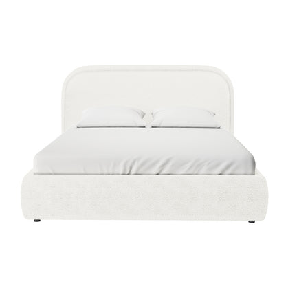 Calix Queen Boucle Bed Frame in Cream White features a low-profile design with a rounded rectangular headboard and matching frame, upholstered in textured fabric, and fitted with crisp white bedding and pillows.