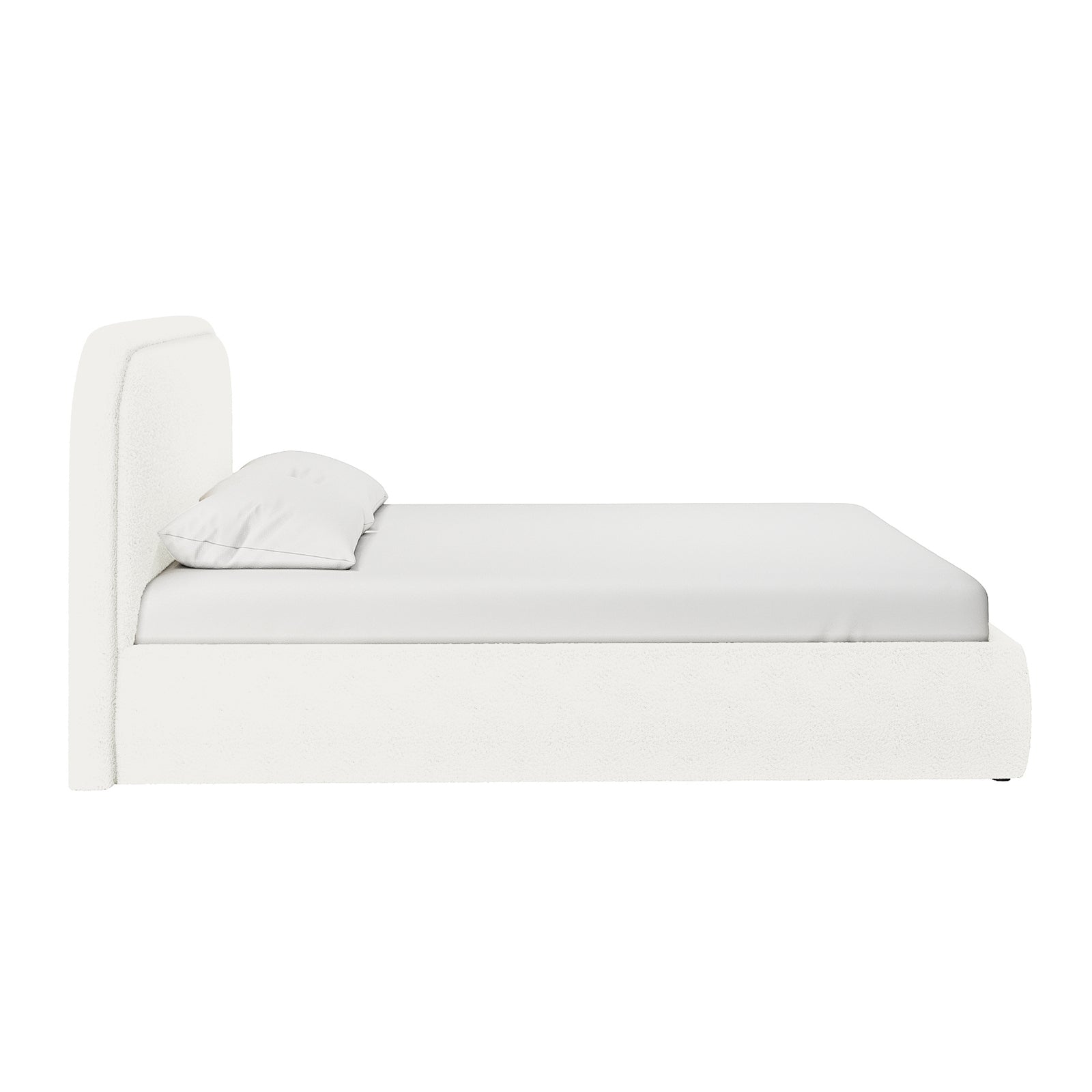 Side-view of the Calix Queen Boucle Bed Frame in Cream White, showcasing its low-profile design, gently curved headboard, and white bedding against a plain backdrop, highlighting its elegant and modern style.