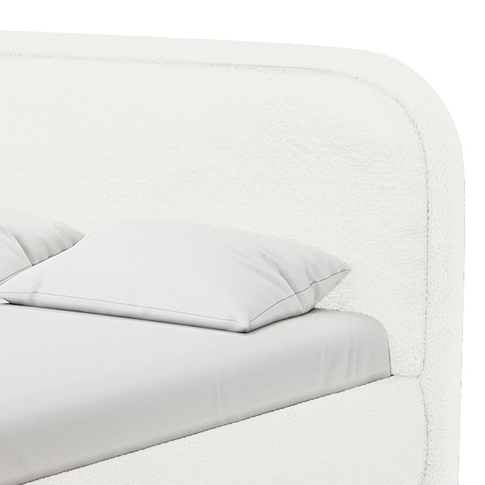 Close-up of Calix Queen Boucle Bed Frame in Cream White, highlighting the rounded padded headboard, soft bouclé fabric, fitted sheet, and plump pillow against the headboard.