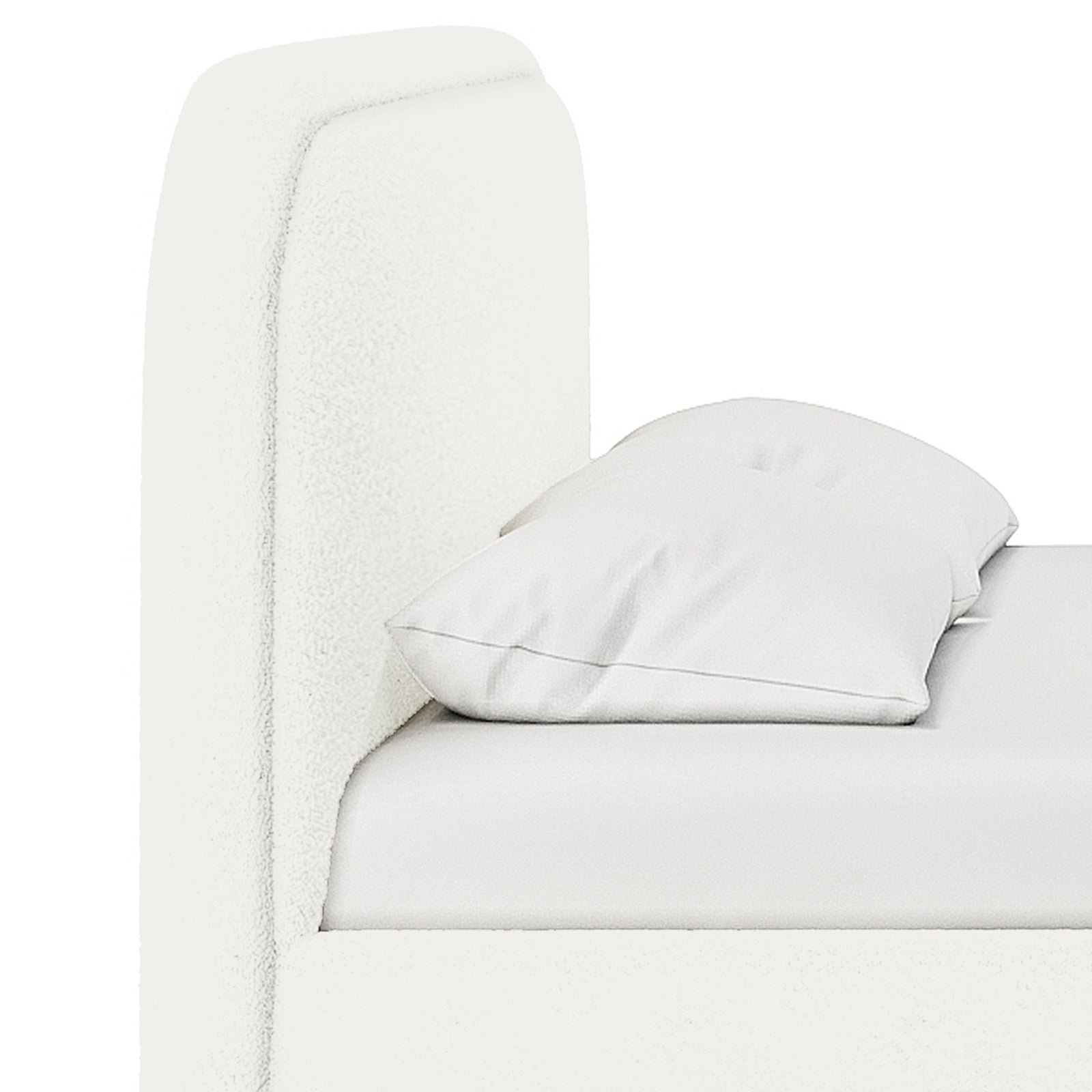 Calix Queen Boucle Bed Frame in Cream White, showcasing a close-up of the upholstered headboard and side rail, with a white mattress and pillow, highlighting its modern low-rise design and foam-padded comfort.