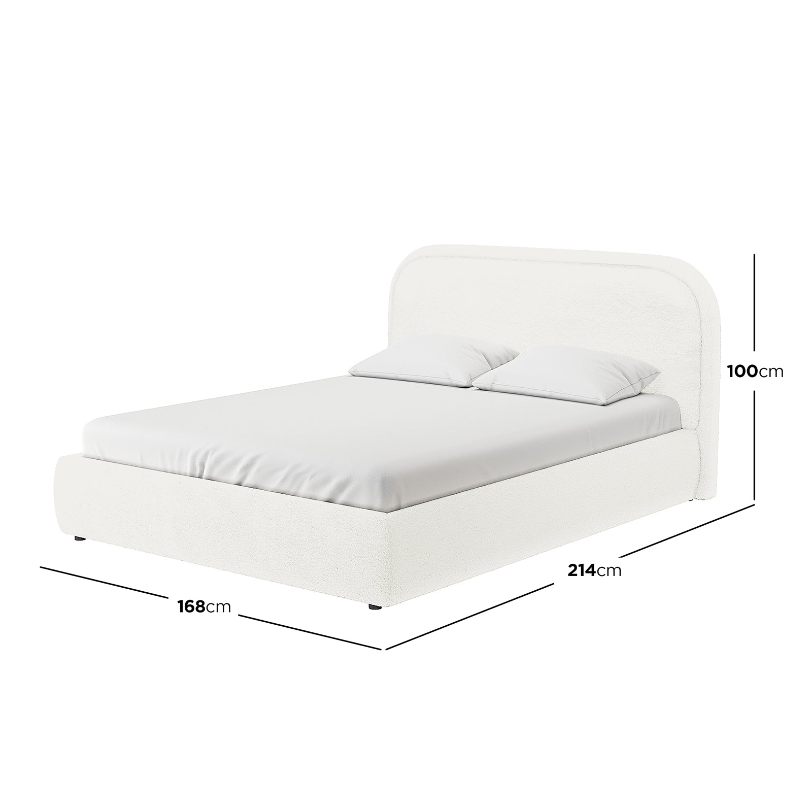 Calix Queen Boucle Bed Frame in Cream White, featuring a low-profile design with a foam-padded headboard, upholstered in boucle fabric. Dimensions are annotated: 168 cm wide, 214 cm deep, 100 cm high.
