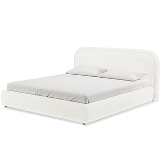 Calix Super King Boucle Bed Frame in Cream White, featuring a low-profile platform with an upholstered frame, rounded headboard, fitted sheet, and two pillows; sleek metal legs provide sturdy support.