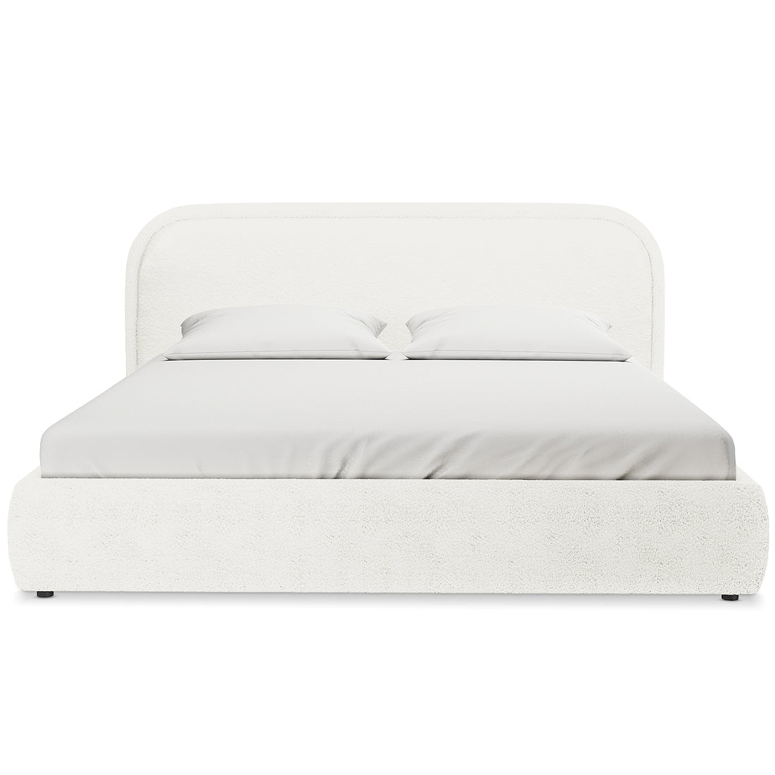 Calix Super King Boucle Bed Frame in Cream White: Modern low-profile design with boucle fabric, rectangular headboard, matching footboard, white fitted sheet, and pillows; engineered wood frame with sleek metal legs.