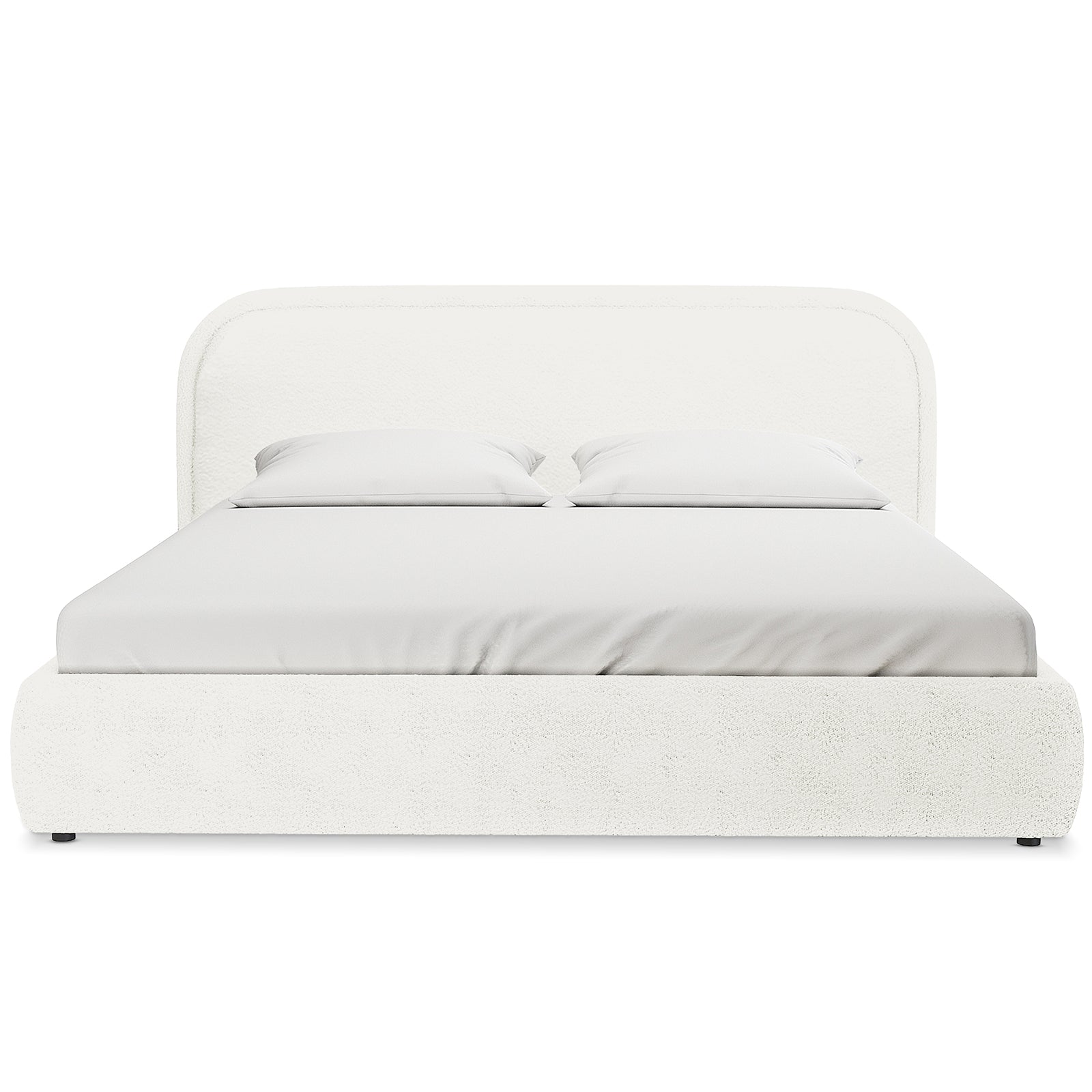 Calix Super King Boucle Bed Frame in Cream White: Modern low-profile design with boucle fabric, rectangular headboard, matching footboard, white fitted sheet, and pillows; engineered wood frame with sleek metal legs.