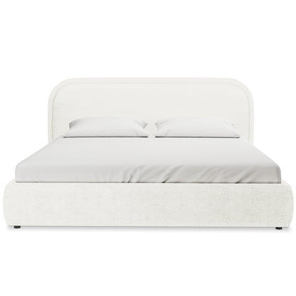Calix Super King Boucle Bed Frame in Cream White: Modern low-profile design with boucle fabric, rectangular headboard, matching footboard, white fitted sheet, and pillows; engineered wood frame with sleek metal legs.
