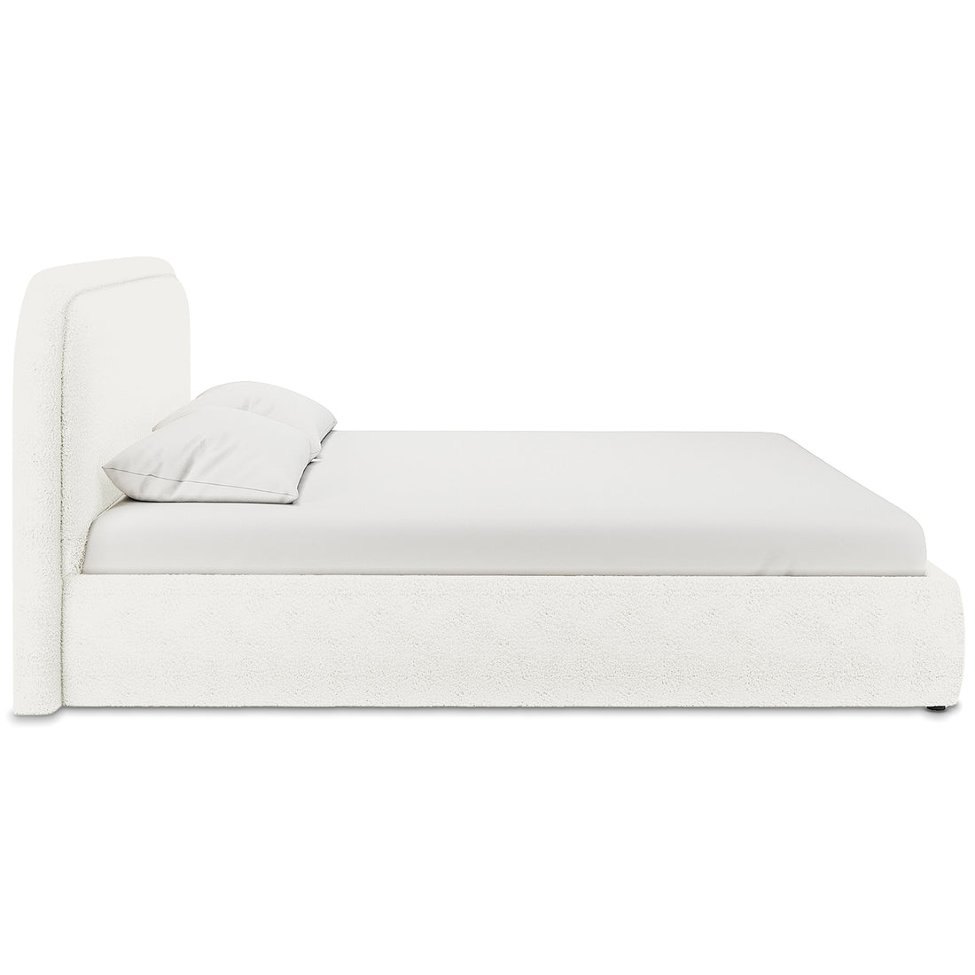 Calix Super King Boucle Bed Frame in Cream White features a low-profile design with a tall, padded headboard, wrapped base, fitted mattress, and two pillows, offering luxury and modern aesthetics.