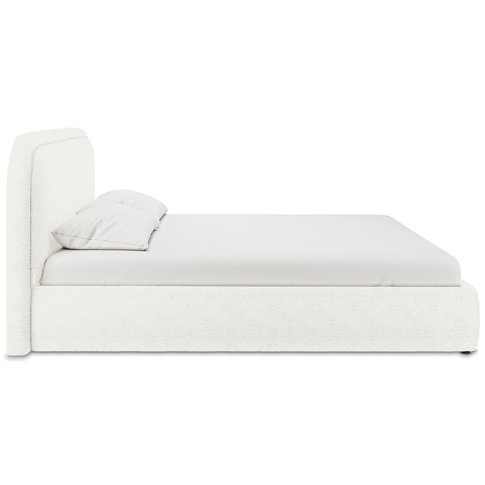 Calix Super King Boucle Bed Frame in Cream White features a low-profile design with a tall, padded headboard, wrapped base, fitted mattress, and two pillows, offering luxury and modern aesthetics.