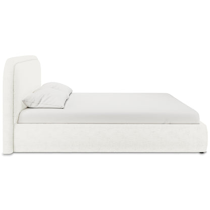 Calix Super King Boucle Bed Frame in Cream White features a low-profile design with a tall, padded headboard, wrapped base, fitted mattress, and two pillows, offering luxury and modern aesthetics.