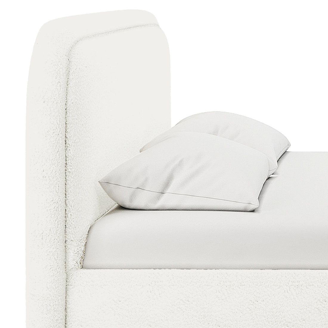 Close-up of the Calix Super King Boucle Bed Frame in Cream White, highlighting its upholstered headboard and side rail with a mattress and two pillows, emphasizing luxury and modern aesthetics.