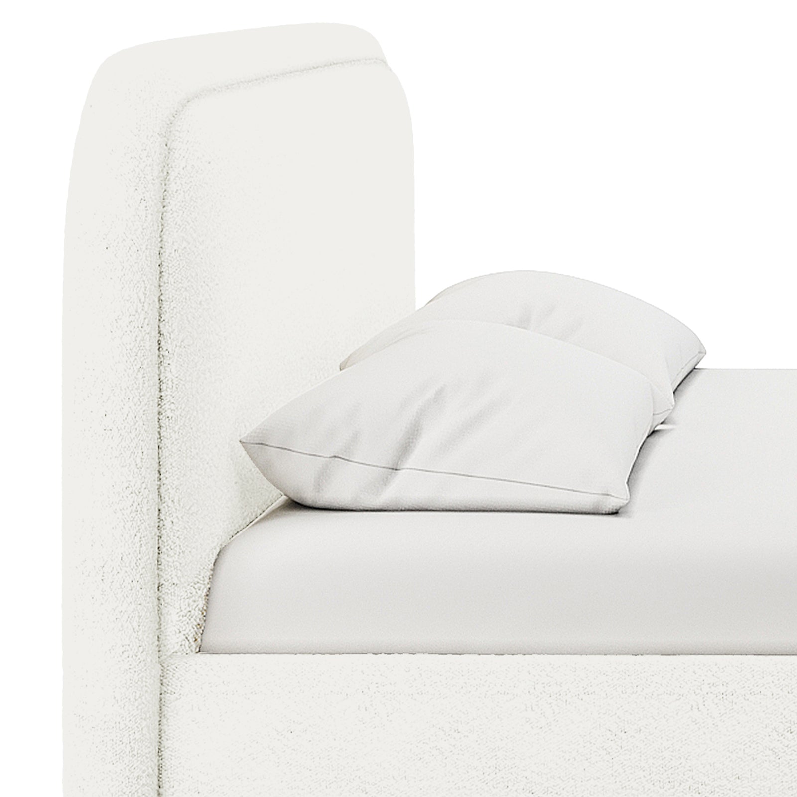 Close-up of the Calix Super King Boucle Bed Frame in Cream White, highlighting its upholstered headboard and side rail with a mattress and two pillows, emphasizing luxury and modern aesthetics.