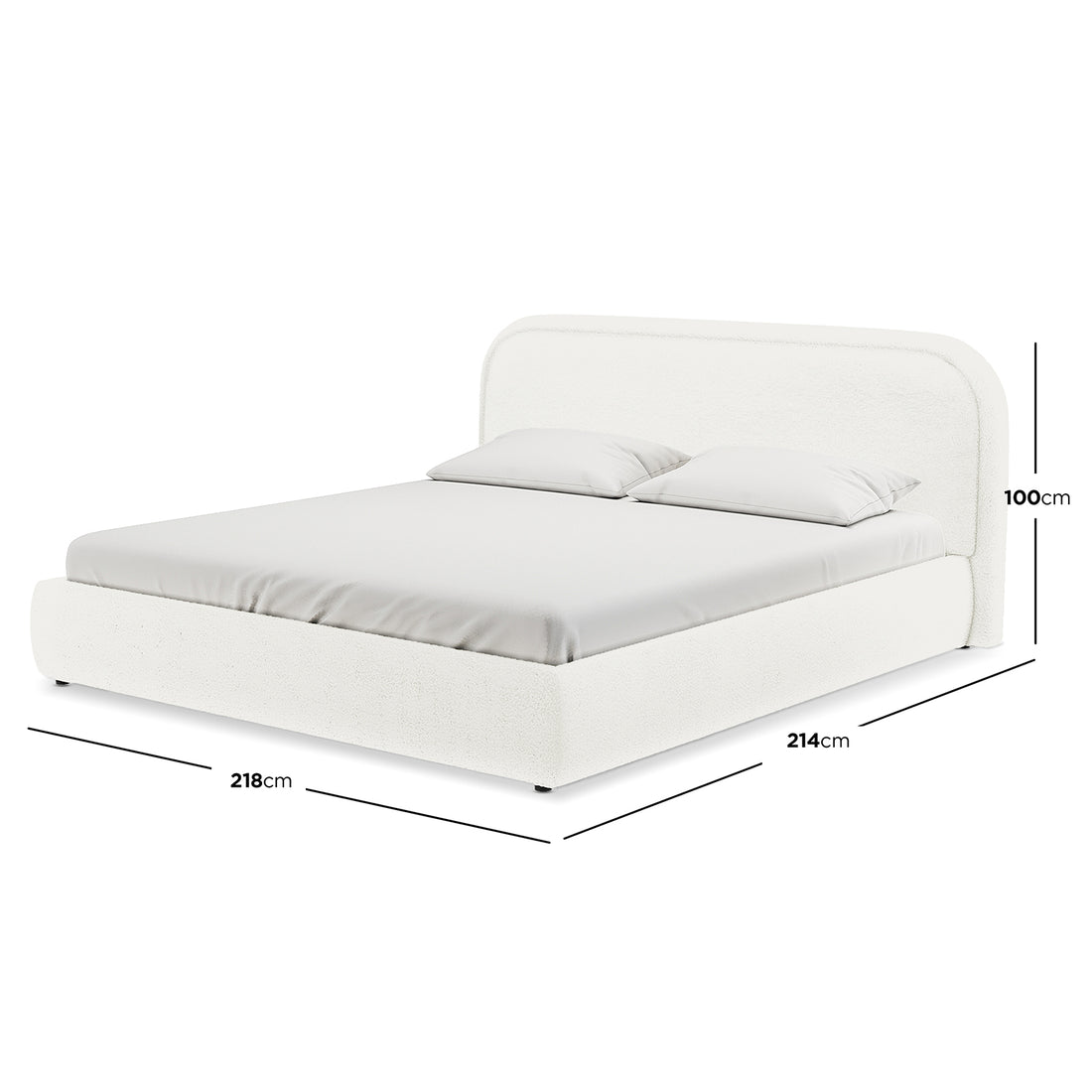 Calix Super King Boucle Bed Frame in Cream White features a rounded headboard, upholstered in boucle fabric, with a fitted mattress and two pillows, dimensions shown: 218 cm wide × 214 cm deep.