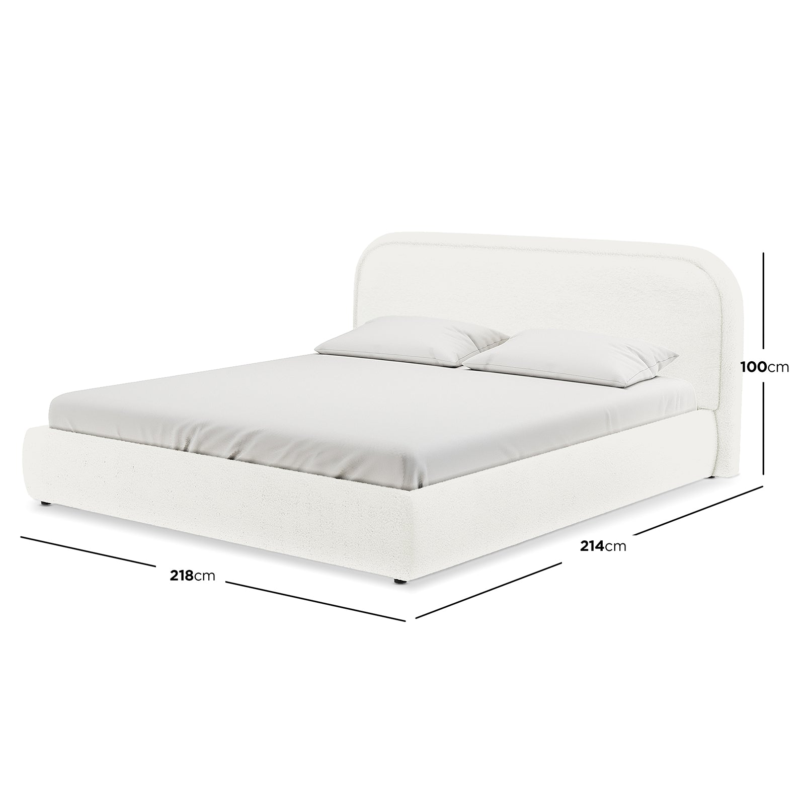 Calix Super King Boucle Bed Frame in Cream White features a rounded headboard, upholstered in boucle fabric, with a fitted mattress and two pillows, dimensions shown: 218 cm wide × 214 cm deep.