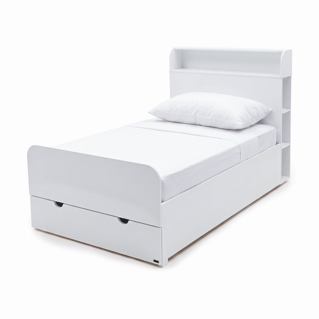 White single bed with shelf headboard and storage drawer on a white background.