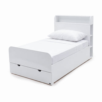 White single bed with shelf headboard and storage drawer on a white background.