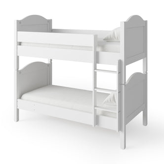 Camira Solid Pine Arched Bedhead Bunk Bed White, featuring a sturdy design with a ladder and arched bedheads, offering versatility with its convertible two single beds option.