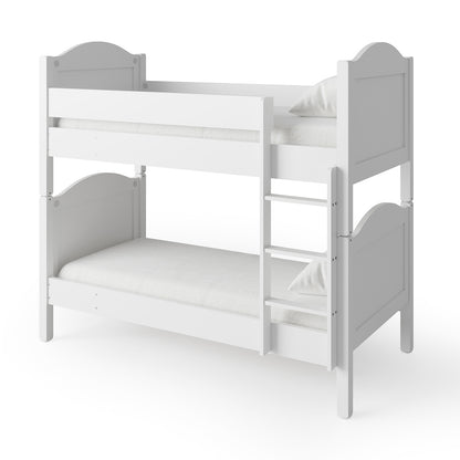 Camira Solid Pine Arched Bedhead Bunk Bed White, featuring a sturdy design with a ladder and arched bedheads, offering versatility with its convertible two single beds option.