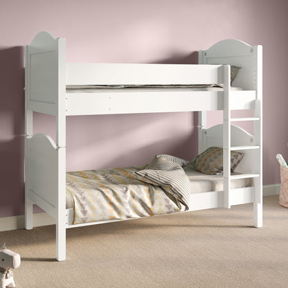 Camira Solid Pine Arched Bedhead Bunk Bed White, featuring a sturdy white frame with elegant arched bedheads, displayed in a room setting.