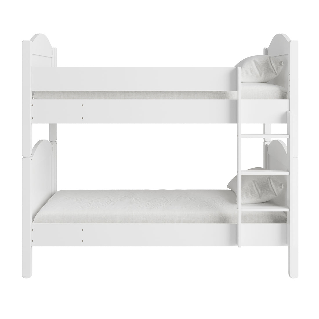 Camira Solid Pine Arched Bedhead Bunk Bed White features elegant arched bedheads and sturdy design, displayed with matching white pillows. Ideal for kids' rooms, showcasing craftsmanship and versatility.