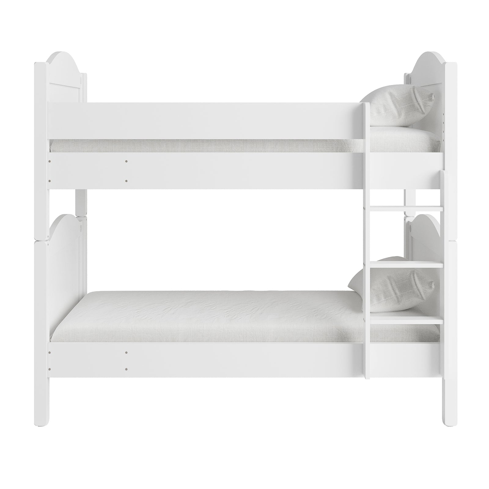 Camira Solid Pine Arched Bedhead Bunk Bed White features elegant arched bedheads and sturdy design, displayed with matching white pillows. Ideal for kids' rooms, showcasing craftsmanship and versatility.