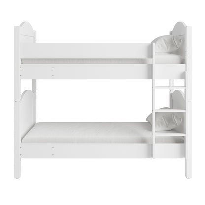 Camira Solid Pine Arched Bedhead Bunk Bed White features elegant arched bedheads and sturdy design, displayed with matching white pillows. Ideal for kids' rooms, showcasing craftsmanship and versatility.