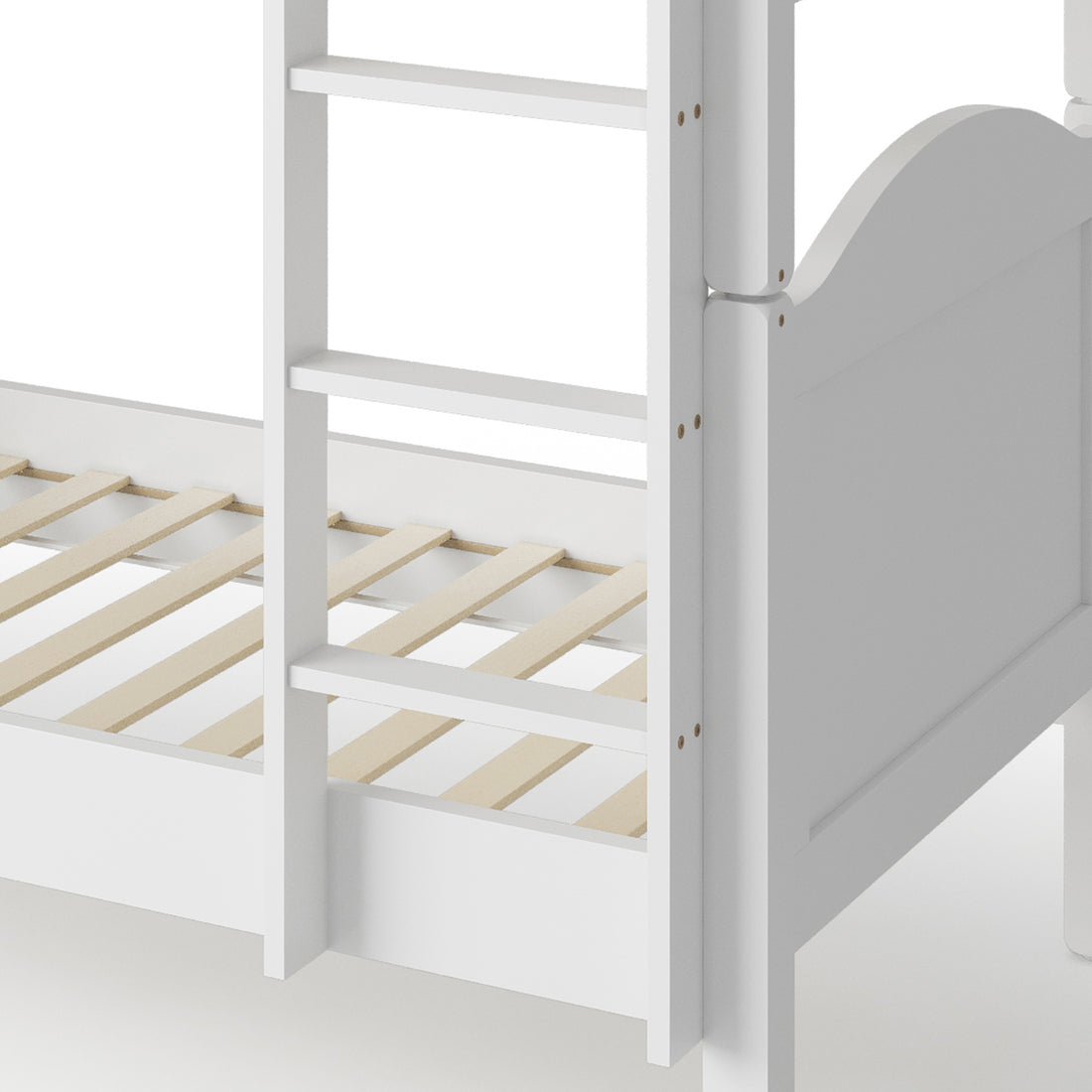 Close-up of the Camira Solid Pine Arched Bedhead Bunk Bed, showcasing its elegant arched bedheads and sturdy design with a movable ladder for versatile bedroom arrangements.