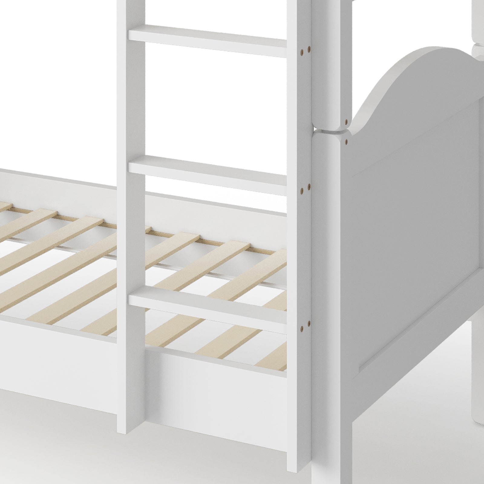 Close-up of the Camira Solid Pine Arched Bedhead Bunk Bed, showcasing its elegant arched bedheads and sturdy design with a movable ladder for versatile bedroom arrangements.