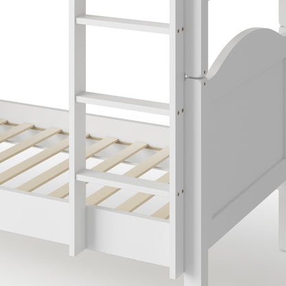 Close-up of the Camira Solid Pine Arched Bedhead Bunk Bed, showcasing its elegant arched bedheads and sturdy design with a movable ladder for versatile bedroom arrangements.