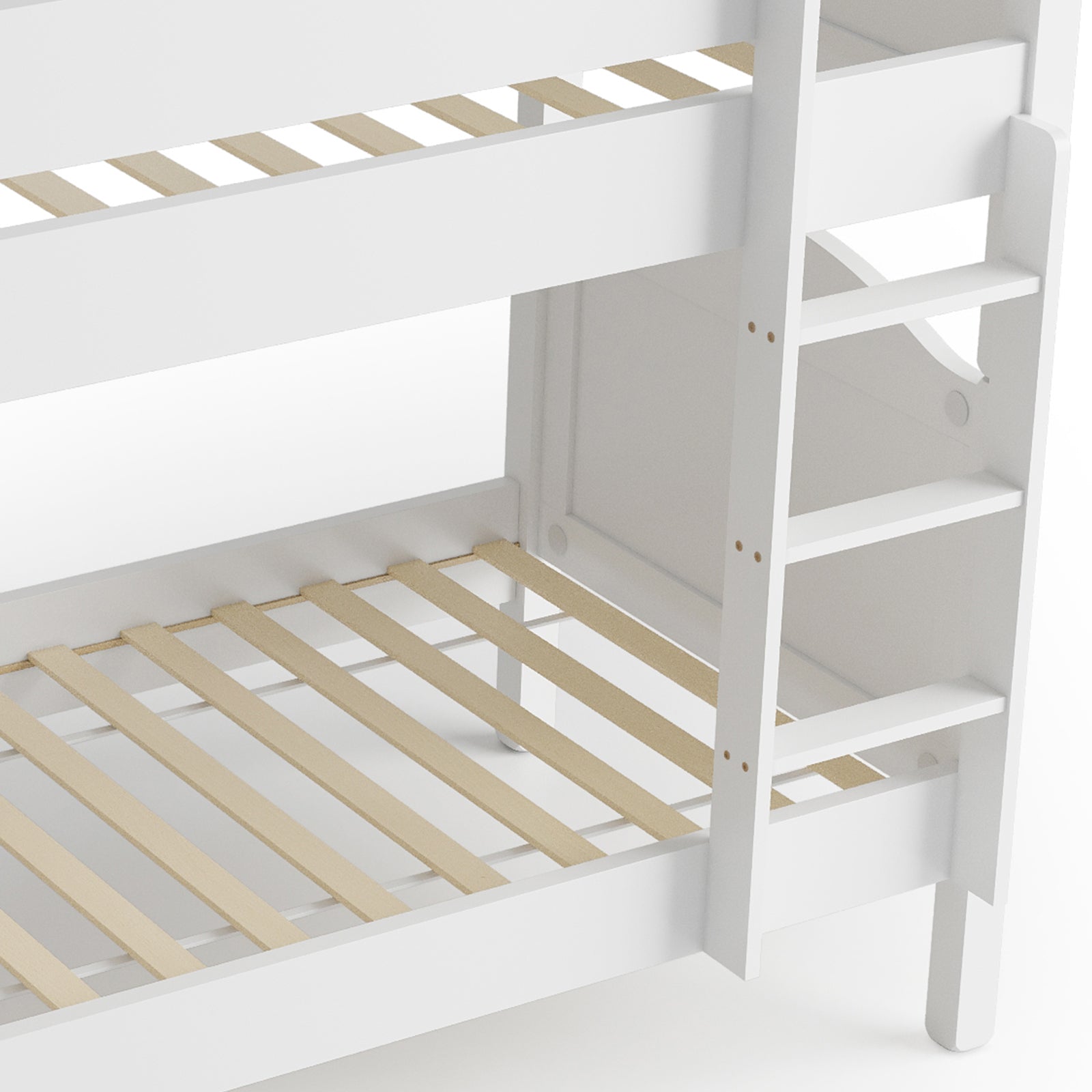 Camira Solid Pine Arched Bedhead Bunk Bed White featuring a sturdy ladder, elegant arched bedheads, safety rails, and convertible design, perfect for kids' rooms with ample under-bed storage.