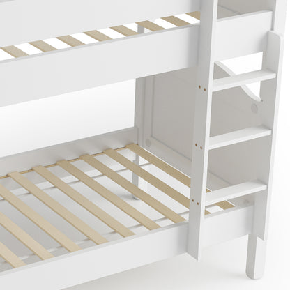 Camira Solid Pine Arched Bedhead Bunk Bed White featuring a sturdy ladder, elegant arched bedheads, safety rails, and convertible design, perfect for kids' rooms with ample under-bed storage.