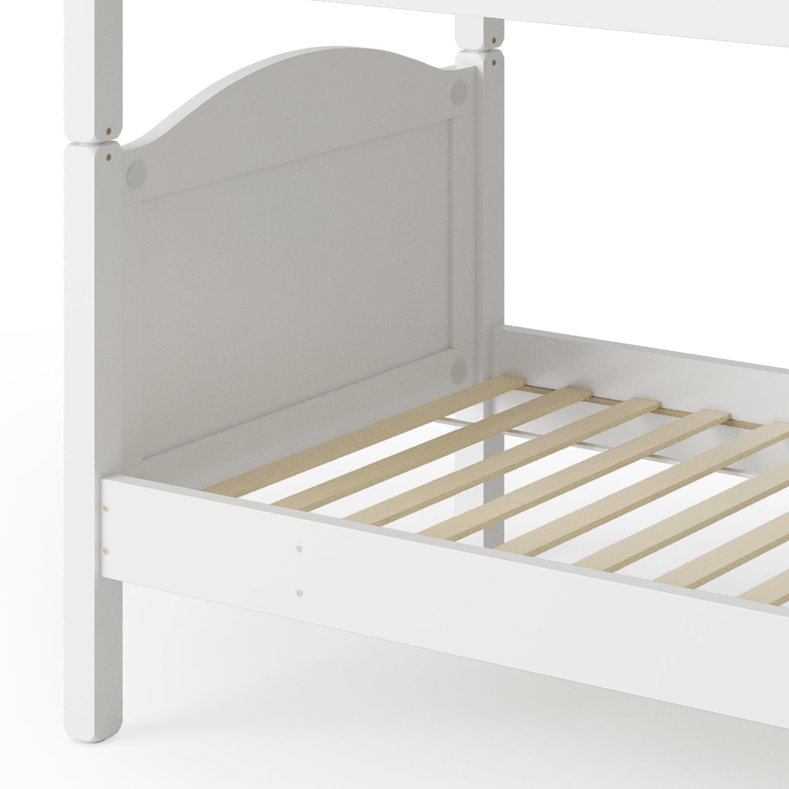 Close-up of the Camira Solid Pine Arched Bedhead Bunk Bed, showcasing its sturdy wooden slats and elegant arched bedhead design, emphasizing durability and versatility for kids’ rooms.