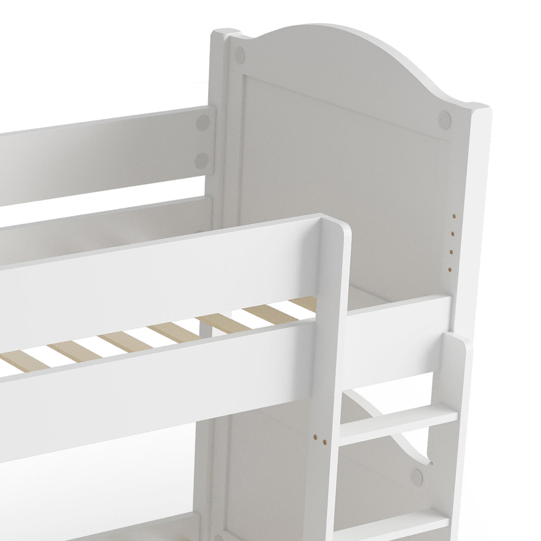 Camira Solid Pine Arched Bedhead Bunk Bed White featuring a sturdy bunk structure with arched bedheads, a movable ladder, and a wooden back, emphasizing its elegant and versatile design.