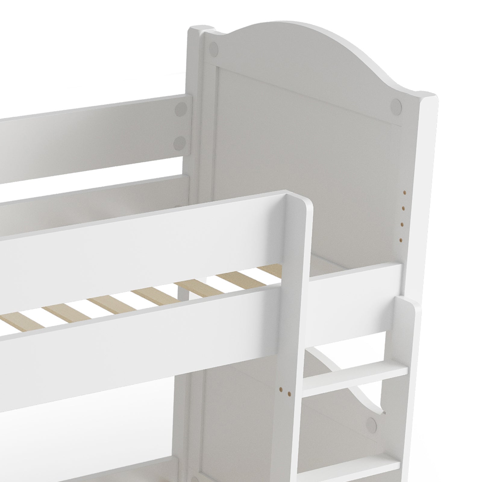 Camira Solid Pine Arched Bedhead Bunk Bed White featuring a sturdy bunk structure with arched bedheads, a movable ladder, and a wooden back, emphasizing its elegant and versatile design.
