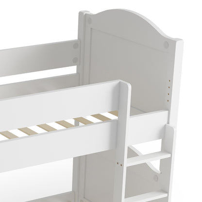 Camira Solid Pine Arched Bedhead Bunk Bed White featuring a sturdy bunk structure with arched bedheads, a movable ladder, and a wooden back, emphasizing its elegant and versatile design.