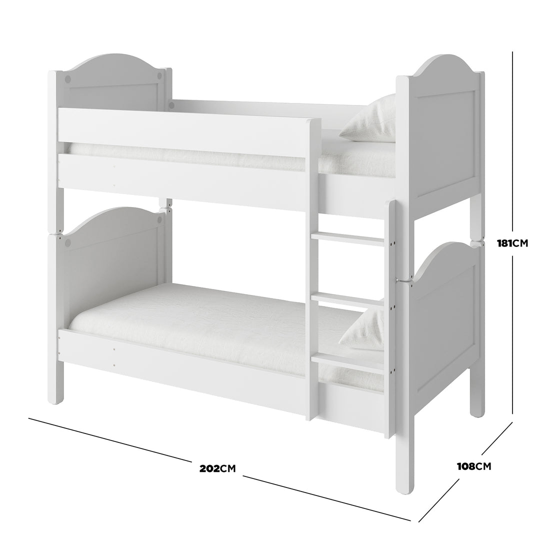 Camira Solid Pine Arched Bedhead Bunk Bed White featuring a sturdy ladder, elegant arched bedheads, and built-in safety rails, offering versatility with its convertible design into two single beds.