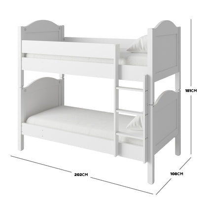 Camira Solid Pine Arched Bedhead Bunk Bed White featuring a sturdy ladder, elegant arched bedheads, and built-in safety rails, offering versatility with its convertible design into two single beds.